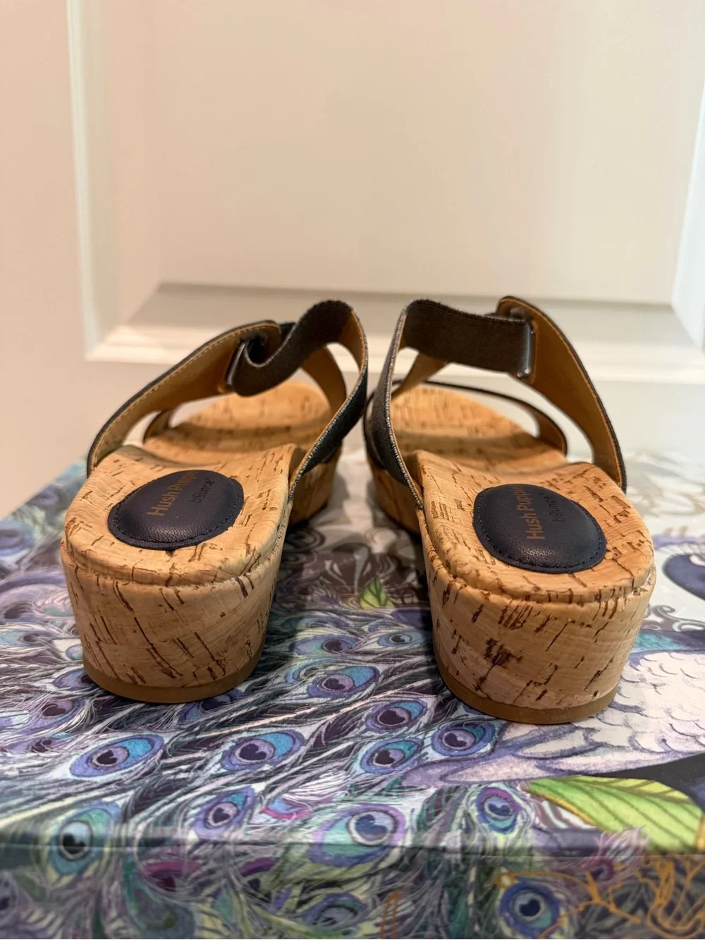 Hush Puppies Coco Cork Wedge Sandals Navy Leather Elastic Size 9